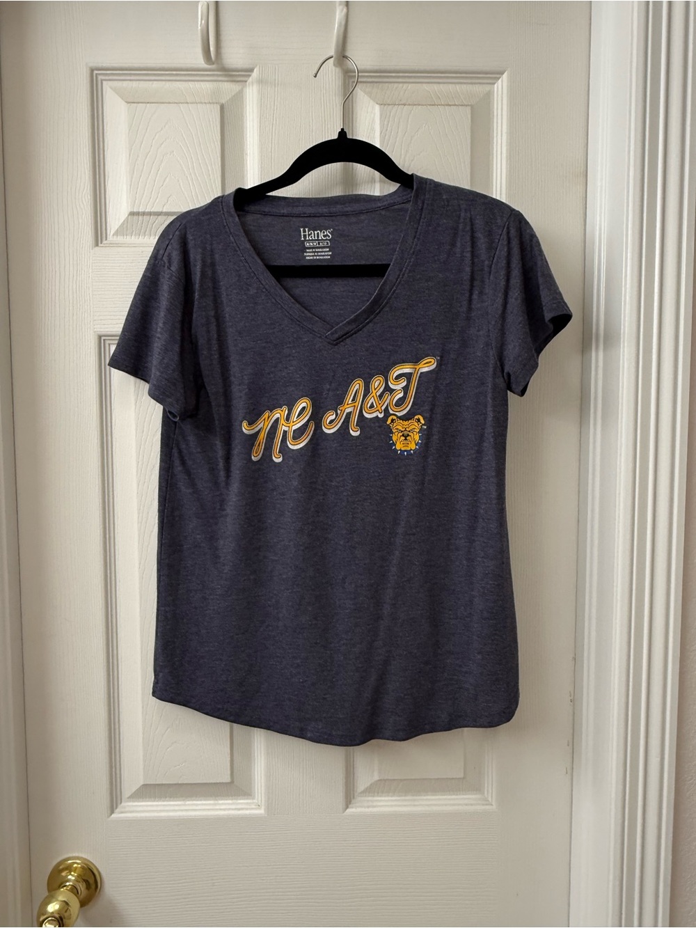 Hanes Women’s NC A&T V-Neck Tee in heathered navy with Yellow Script